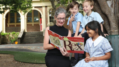 Dr Jenny Donovan with Stanmore Public School students. Picture: John Feder