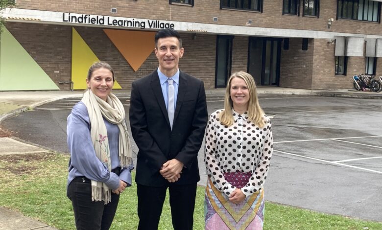 Picture shows Lindfield Learning Village principal Ben Rekic (centre) and deputies Dennielle Woskanian (left) and Michelle Gleeson. The leadership team is seeking community feedback about the school from parents. Picture: Newswire