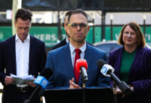 SYDNEY, AUSTRALIA - NewsWire Photos JUNE 19 2025 :Treasurer Daniel Mookhey, Premier Chris Minns, Minister for Planning, Paul Scully and Donna Davis Member for Parramatta address the media in a press conference to announce new Budget measures that make it easier to deliver more homes alongside the infrastructure and services communities need. Picture: Gaye Gerard