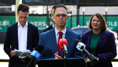 SYDNEY, AUSTRALIA - NewsWire Photos JUNE 19 2025 :Treasurer Daniel Mookhey, Premier Chris Minns, Minister for Planning, Paul Scully and Donna Davis Member for Parramatta address the media in a press conference to announce new Budget measures that make it easier to deliver more homes alongside the infrastructure and services communities need. Picture: Gaye Gerard