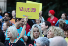 Teachers protesting outside Qld Parliament House. Picture: Nigel Hallett