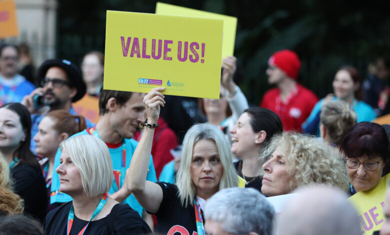 Teachers protesting outside Qld Parliament House. Picture: Nigel Hallett