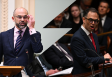 Qld Treasurer David Janetzki (left) and NSW Treasurer Daniel Mookhey hand down their state budgets. Pictures: Dan Peled (left) and Dean Lewins
