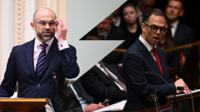 Qld Treasurer David Janetzki (left) and NSW Treasurer Daniel Mookhey hand down their state budgets. Pictures: Dan Peled (left) and Dean Lewins