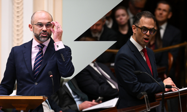 Qld Treasurer David Janetzki (left) and NSW Treasurer Daniel Mookhey hand down their state budgets. Pictures: Dan Peled (left) and Dean Lewins