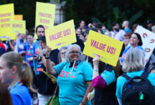 Teachers protesting outside Parliament House. Picture: Nigel Hallett