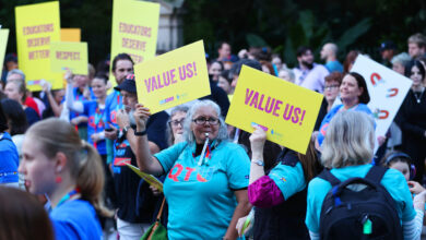 Teachers protesting outside Parliament House. Picture: Nigel Hallett