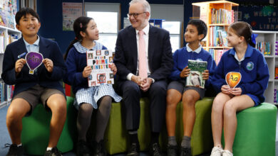 Prime Minister Anthony Albanese launched Kids News’ fifth annual Prime Minister’s Spelling Bee with Rockdale Public School students, from left Roneyo Sherchan, 12, Katelyn Huynh, 11, Narayan Skene, 12, and Addison O’Docherty, 10, who were finalists in the NSW Premier's Spelling Bee. Picture: Jonathan Ng