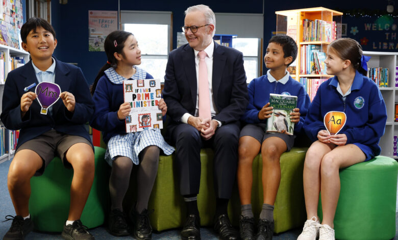 Prime Minister Anthony Albanese launched Kids News’ fifth annual Prime Minister’s Spelling Bee with Rockdale Public School students, from left Roneyo Sherchan, 12, Katelyn Huynh, 11, Narayan Skene, 12, and Addison O’Docherty, 10, who were finalists in the NSW Premier's Spelling Bee. Picture: Jonathan Ng