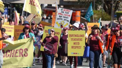 QTU members marching during the teachers strike from Brisbane Exhibition and Convention Centre to Queensland Parliament. Picture: Tara Croser
