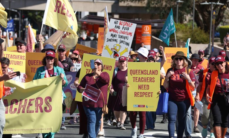 QTU members marching during the teachers strike from Brisbane Exhibition and Convention Centre to Queensland Parliament. Picture: Tara Croser