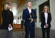Education Minister Jason Clare holds a press conference at Parliament House with the two bullying experts. Picture: Martin Ollman