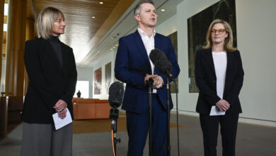 Education Minister Jason Clare holds a press conference at Parliament House with the two bullying experts. Picture: Martin Ollman