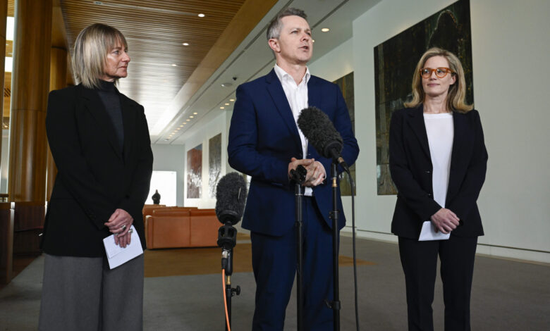 Education Minister Jason Clare holds a press conference at Parliament House with the two bullying experts. Picture: Martin Ollman