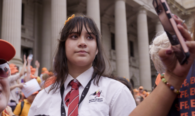 Monterey Secondary College student, Xiao, walks in the Victorian Walk Against Family Violence for Respect in 2023. Picture: Big hART