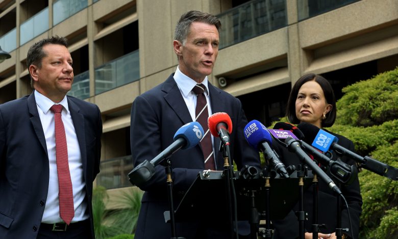 Left to right: Public spaces Planning and Public Spaces Minister Paul Scully, Premier Chris Minns and Education Minister Prue Car announce more measures to shut down hate speech in schools. Picture: John Appleyard.