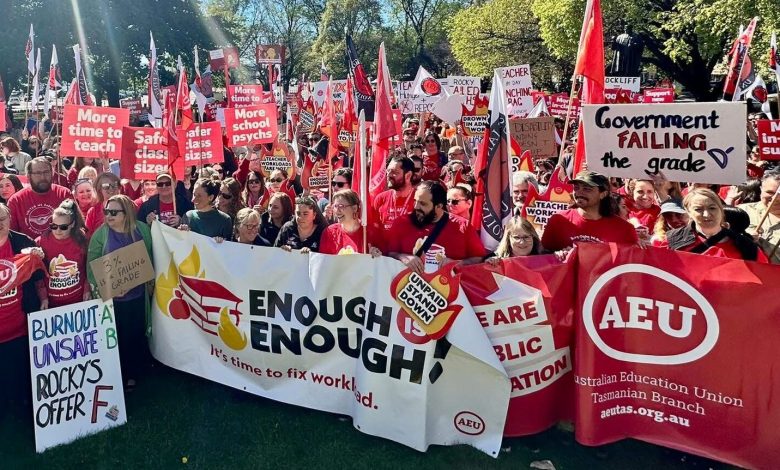 AEU Tasmania members strike in October, 2025. Picture: Facebook.