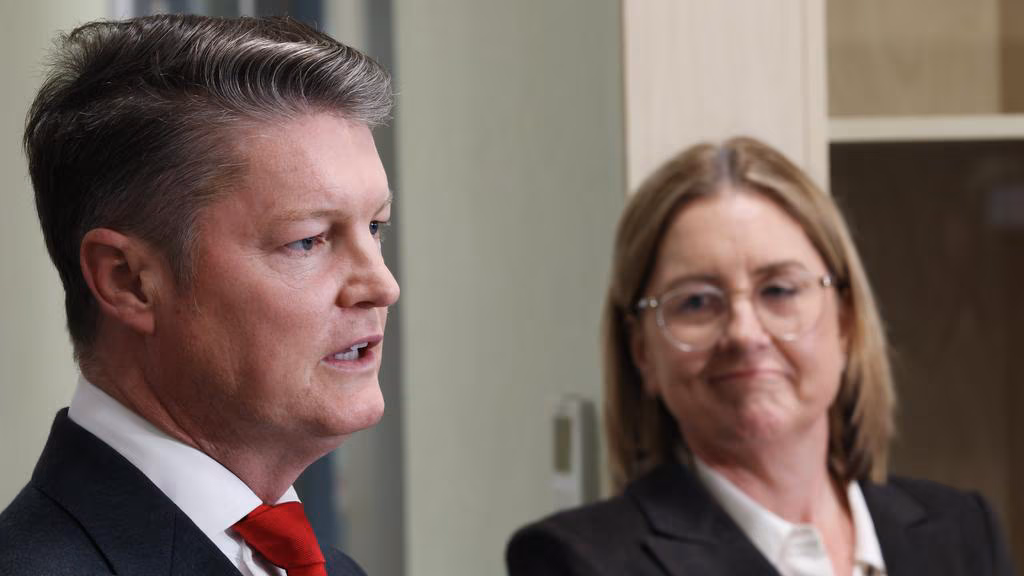 Education Minister Ben Carroll next to Premier Jacinta Allan. Picture: David Crosling.