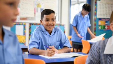 School boy wearing blue shirt listening in class with cheerful expression