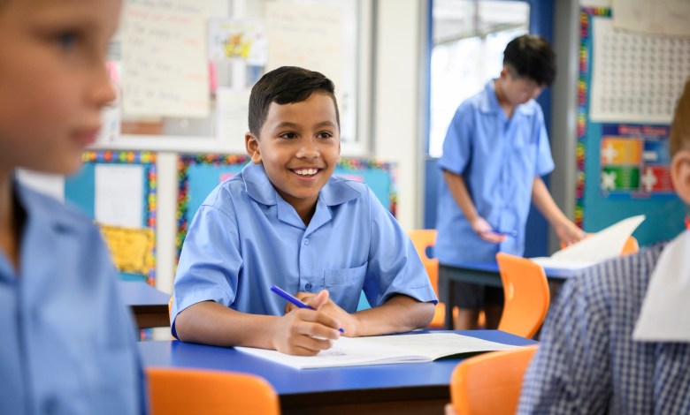 School boy wearing blue shirt listening in class with cheerful expression