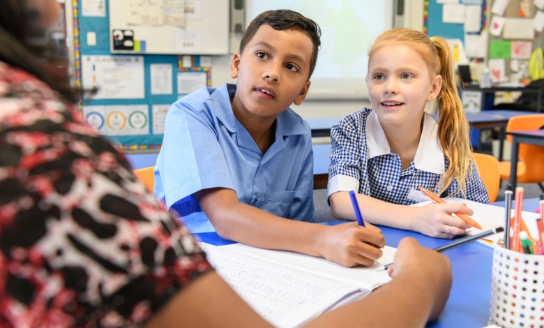 Two primary school children concentrating as their teacher explains with pensive expressions on their faces