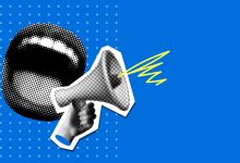 Pop art modern collage with screaming mouth and bullhorn. Halftone newspaper elements. Advertising banner with megaphone and copy space. Announcement banner of news, sales.