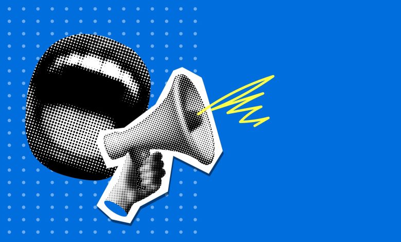 Pop art modern collage with screaming mouth and bullhorn. Halftone newspaper elements. Advertising banner with megaphone and copy space. Announcement banner of news, sales.