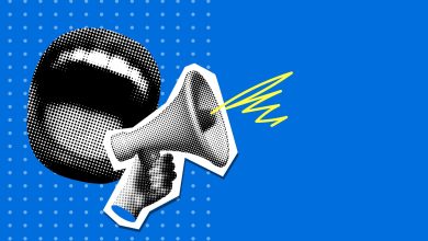 Pop art modern collage with screaming mouth and bullhorn. Halftone newspaper elements. Advertising banner with megaphone and copy space. Announcement banner of news, sales.