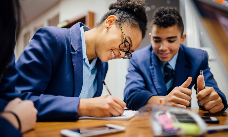 Teen students are working together and taking notes in lesson time at school.
